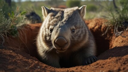 Obraz premium Wombat emerging from burrow