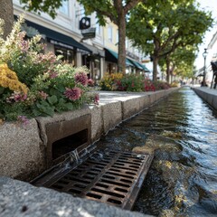 Water channel lined with stone, flowing through a town's pedestrian area, bordered by flowers and shops