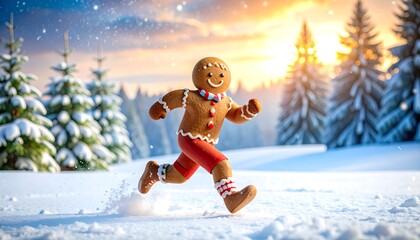 Gingerbread man running in snowy landscape