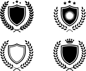 Fototapeta premium Vector shield and laurel wreath template set in sleek black color with a shiny metallic effect, perfect for logo design, branding, emblems, or insignias.
