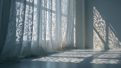 Soft sunlight streams through sheer lace curtains