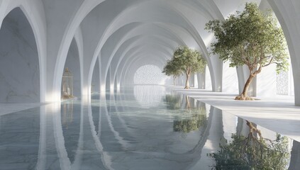 A serene, arched hallway with water reflecting light