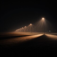 Foggy night, streetlights illuminating a field