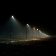Foggy night, illuminated streetlights