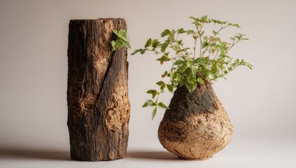 Two rustic, natural-toned wood-like objects, one a tall cylinder, the other a small, teardrop-shaped vase, with a small plant in the vase