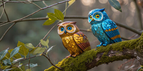 two owls sitting on branch