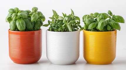 Naklejka premium Healthy Ingredients for Every Meal Concept. Fresh Herbs in Colorful Pots for Culinary and Home Decor Inspiration