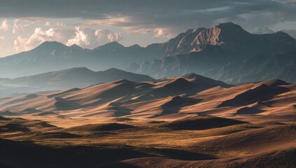Dramatic mountain range backdrop against a vast expanse of golden sand dunes at sunset