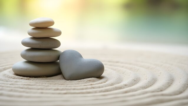 Heart shaped stone and stacked Zen rocks on raked sand symbolizing love balance peace and mindfulness