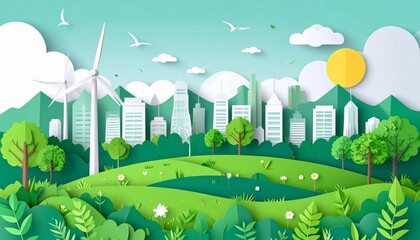 Urban nature illustration with green grass, blue sky, and a city building skyline