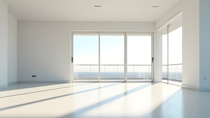 Empty modern apartment interior with large glass windows bright sunlight and minimalist contemporary architecture design