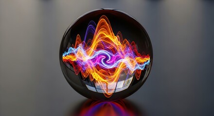 Colorful energy waves inside a reflective sphere against a dark grey background visualization concept