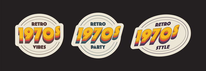 Collection of vintage retro label inspired by 70s aesthetics. Inscription 1970s with bold colourful typography. Can be use for posters, branding, printing and logo
