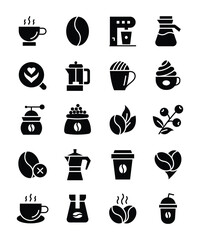 Coffee beans, brewing methods, and cafe icons depicting various aspects of coffee culture