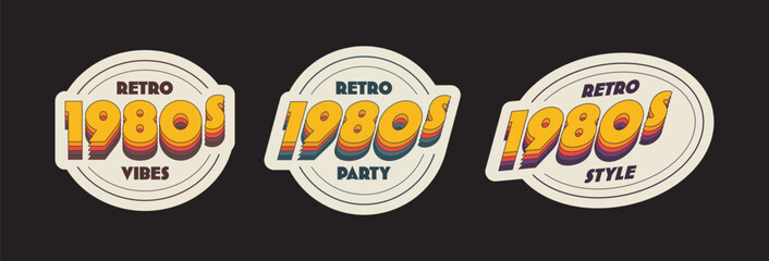 Collection of vintage retro label inspired by 80s aesthetics. Inscription 1980s with bold colourful typography. Can be use for posters, branding, printing and logo
