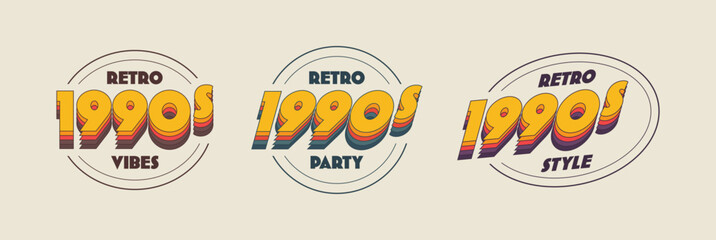 Collection of vintage retro label inspired by 90s aesthetics. Inscription 1990s with bold colourful typography. Can be use for posters, branding, printing and logo
