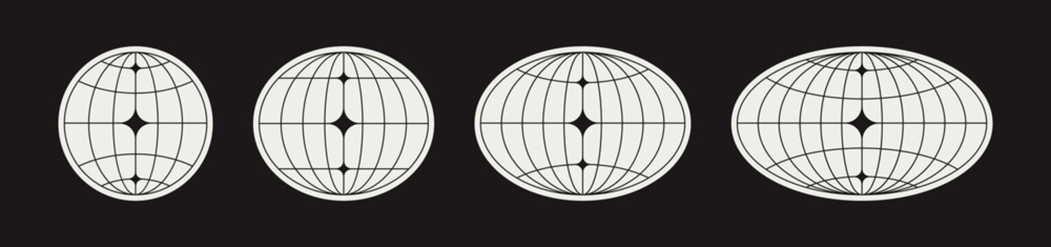 World globe grids in oval form with stars shapes. Linear striped spheres, earth latitude and longitude line grid. Retro futuristic design elements. Vector illustration.