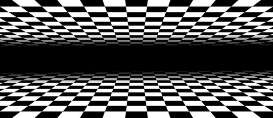 Naklejka premium Perspective black and white checkered room that fades into black background. Surface with checkerboard pattern. Ideal for retro, racing or digital themes. Vector illustration 