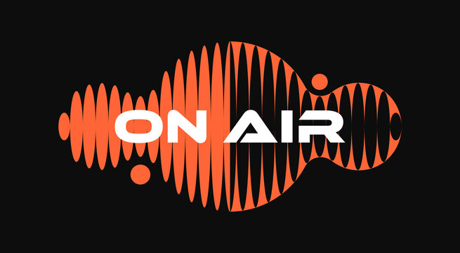Trendy minimal logo design of abstract orange sound wave pattern with bold text ON AIR on a black background. Modern flat style vector illustration.