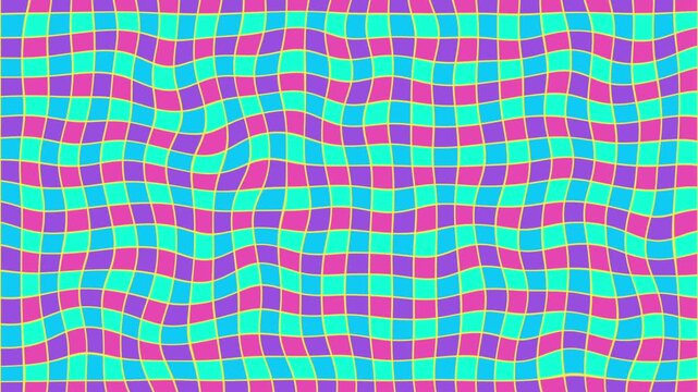 A vibrant and dynamic abstract motion background featuring a wavy psychedelic grid with a distorted checkerboard geometric pattern in bright colors