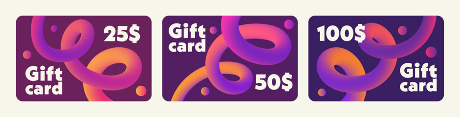 Collection of colourful gift card template with abstract gradient blend lines, featuring 25$, 50$, and 100$ values. Design elements for cover, mockup, banner and business. Vector illustration