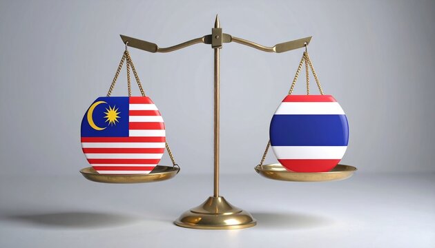 Golden balance scale with spherical Malaysia and Thailand flags on each side, symbolizing equality and comparison between nations.