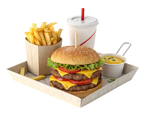 An unhealthy grilled cheeseburger with fries, isolated on a white background