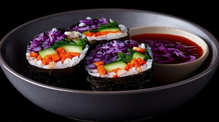 Healthy Ingredients for Every Meal Concept. Colorful Sushi Rolls with Fresh Vegetables and Soy Sauce in Dark Plate on Black Background