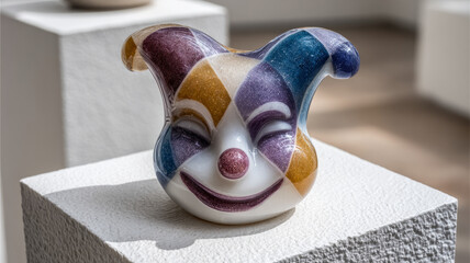 Colorful ceramic clown sculpture in art gallery.
