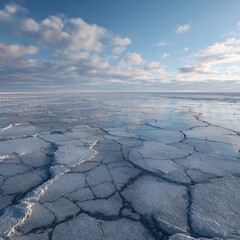 Frozen cracked expanse under a vast, partly cloudy sky