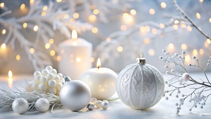 Fototapeta premium Elegant White Christmas Decoration with Candles Ornaments and Twinkling Lights for Holiday Season
