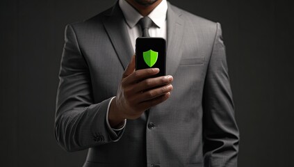 Businessman holding phone with security shield
