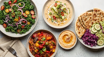 Top-Down View of Color-Adaptive Middle Eastern Meal with Bowls of Salad, Soup, Stew, and Flatbreads
