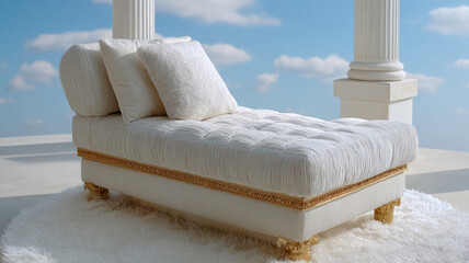 Elegant chaise lounge with pillows against a cloudy sky.