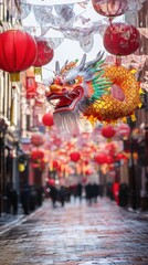 A festive street scene adorned with Chinese dragon decorations for New Year.