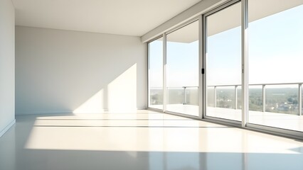 Obraz premium Empty modern apartment interior with large glass windows bright sunlight and minimalist contemporary architecture design