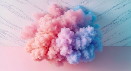 Fototapeta premium Top-Down View of Color-Adaptive Pink Smoke Cloud Against Pastel Turquoise Wall and Matching Floor 