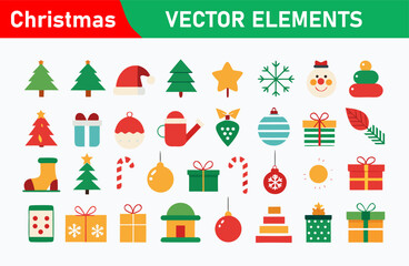 Christmas Vector Elements Collection with Tree Ornament Gift Snowflakes and Santa Hat