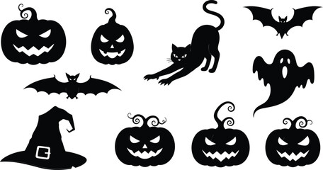 Spooky Halloween silhouettes of pumpkins, bats, cat, ghost and witch hat, perfect for seasonal designs and fun projects