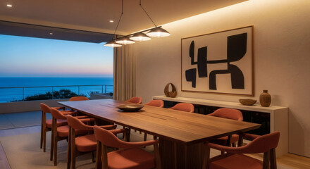 Luxurious contemporary dining space boasting a stunning panoramic ocean vista, illuminated by warm evening light, perfect for memorable culinary experiences.