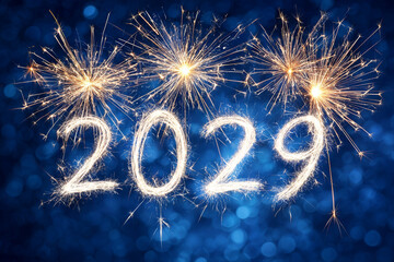 Sparkler fireworks forming the number 2029 against a blue bokeh background a festive New Years celebration