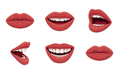 Realistic Red Lips Collection with Various Expressions on Transparent Backdrop for Creative Graphic Design