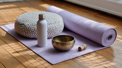 Naklejka premium Yoga mat, cushion, water bottle, and bowl on wood floor