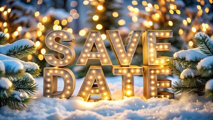 Save the Date Marquee Letters in Winter Snow with Bokeh Lights Background