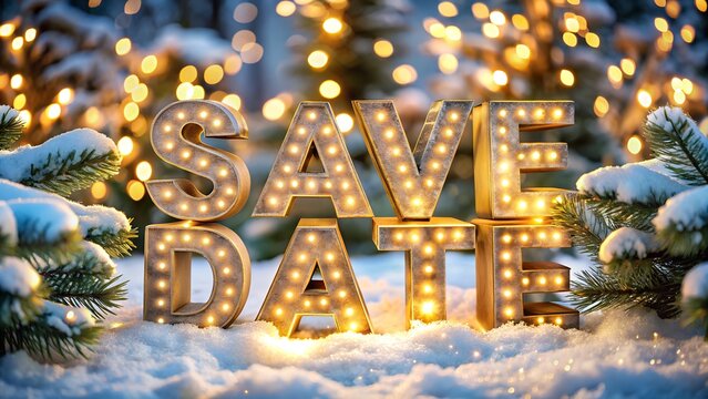 Save the Date Marquee Letters in Winter Snow with Bokeh Lights Background