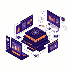 This isometric illustration depicts complex data processing and analytics within a modern technological infrastructure, showcasing interconnected systems and digital information flow.