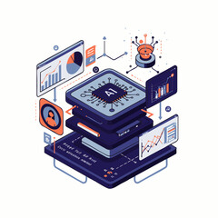 A modern isometric illustration visualizes artificial intelligence processing vast data within a sophisticated technological infrastructure, showcasing advanced analytics.