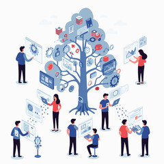 A diverse team actively collaborates around a central digital knowledge tree, effectively managing complex data for business intelligence and technological innovation.