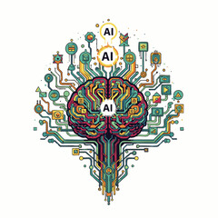 A vibrant, intricate illustration depicts a stylized human brain at the heart of a complex digital network, symbolizing artificial intelligence and advanced technology.
