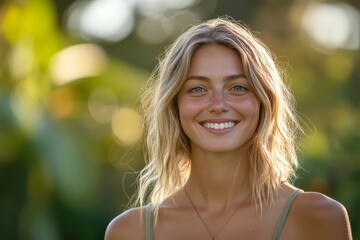 Confident young woman smiles outdoors with a natural background, reflecting a sense of empowerment and positivity in a relaxed outdoor environment, Generative AI